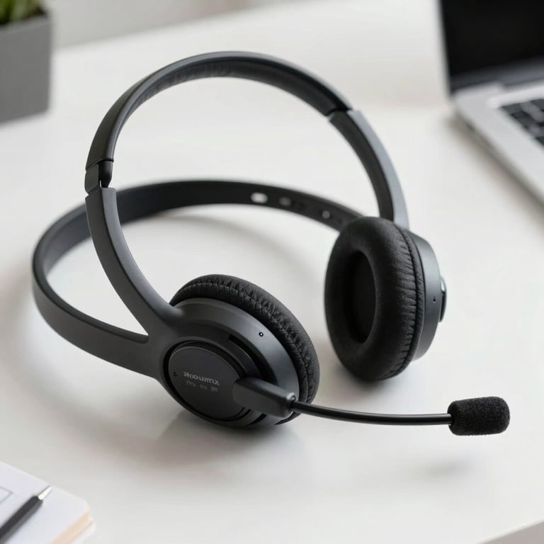 Close-up of a professional business headset resting on a clean white desk in a light-filled room.