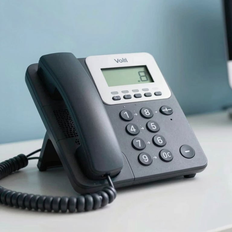 Macro shot of a modern VoIP office phone on a desk with light blue wall in the background.