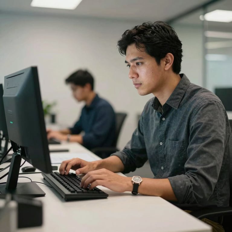 A focused professional at a computer workstation in a clean, high-tech South American office environment.