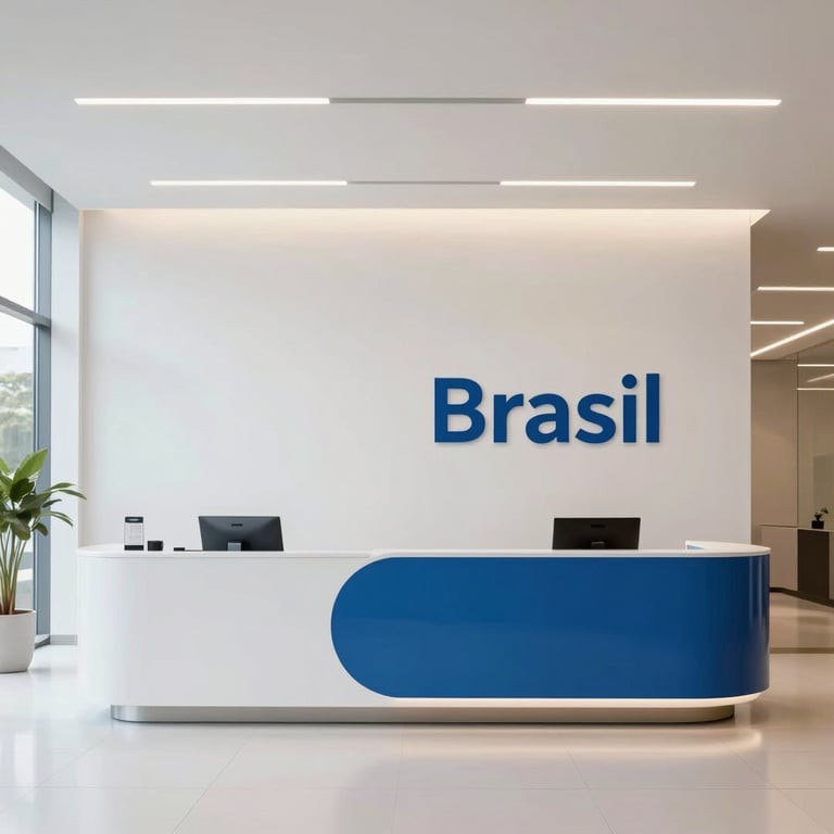 Bright and minimalist reception area of a modern corporate building in Brazil with blue accents.