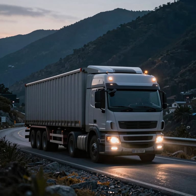 A heavy cargo truck moving through a mountain pass at twilight, headlights cutting through the Dark Slate Navy air.