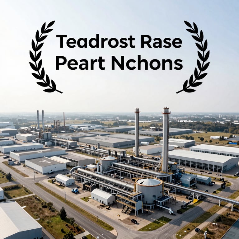 A modern drone view of an organized industrial complex under a bright Pearl White sky.