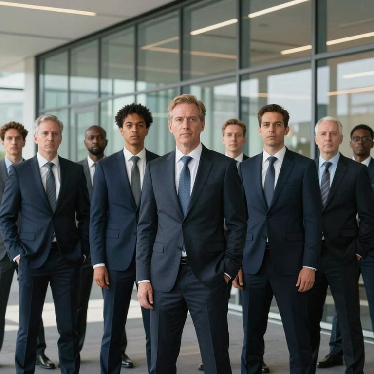 A professional group of diverse executives in Dark Slate Navy suits standing in a modern glass office building.