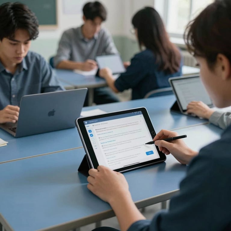 An educational setting featuring sleek tablets and digital interfaces used by adult students in a Steel Blue environment.