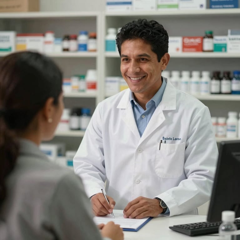 A friendly South American pharmacist in a white coat assisting a local customer.
