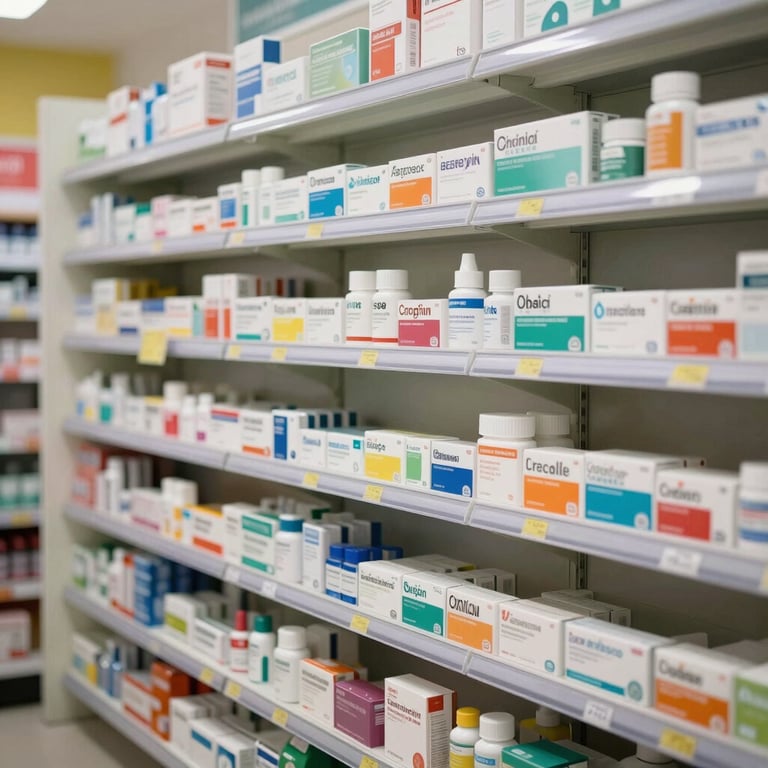 Clean and organized interior of the drugstore with professional medical displays.
