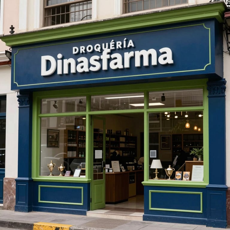 The storefront of Droguería Dinasfarma in Cali, Colombia, with a welcoming navy blue and apple green exterior.