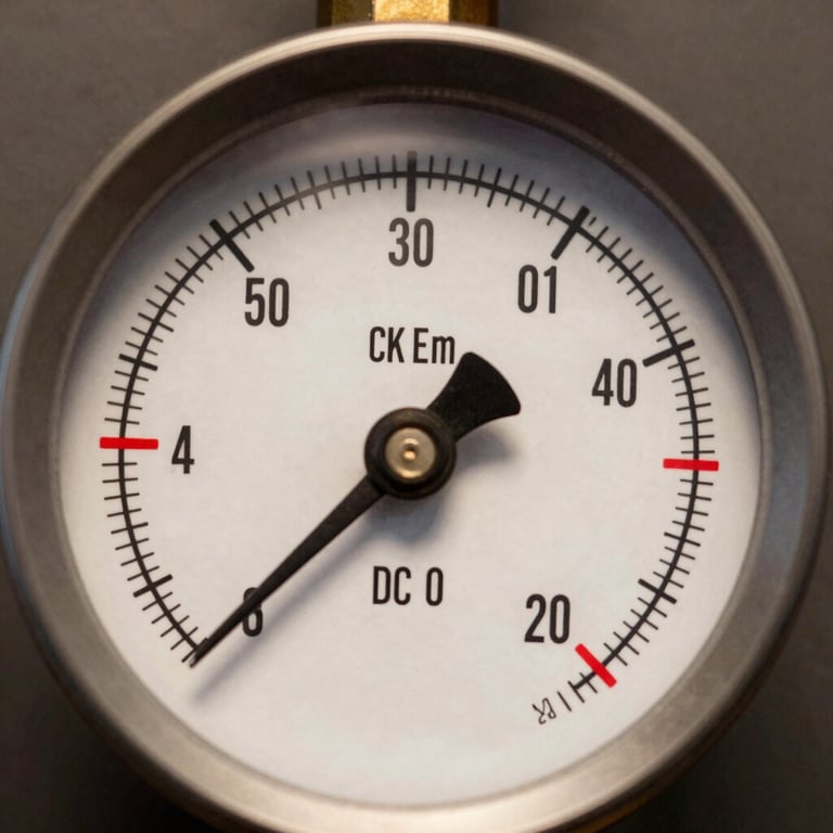 Extreme close-up of an industrial pressure gauge dial, clinical studio lighting, the needle resting precisely at a red-tagged tolerance threshold, matte charcoal background, no warm tones, forensic framing