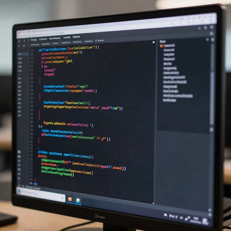 A close-up of computer code on a high-resolution screen in a North American / US software lab, with slate charcoal reflections on the glass.