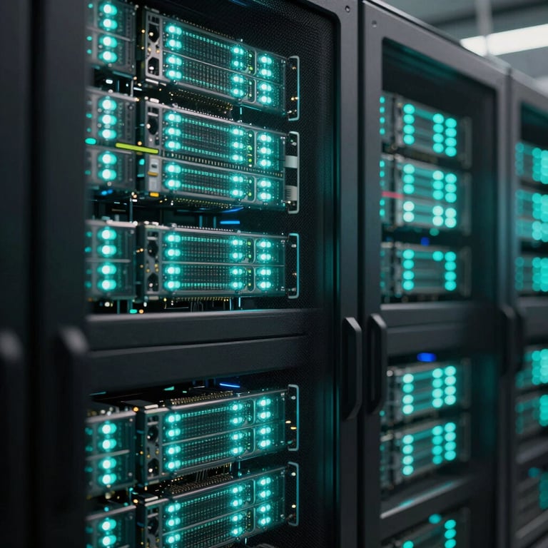 Abstract photography of high-tech hardware with glowing aqua teal LEDs in a North American / US data center.