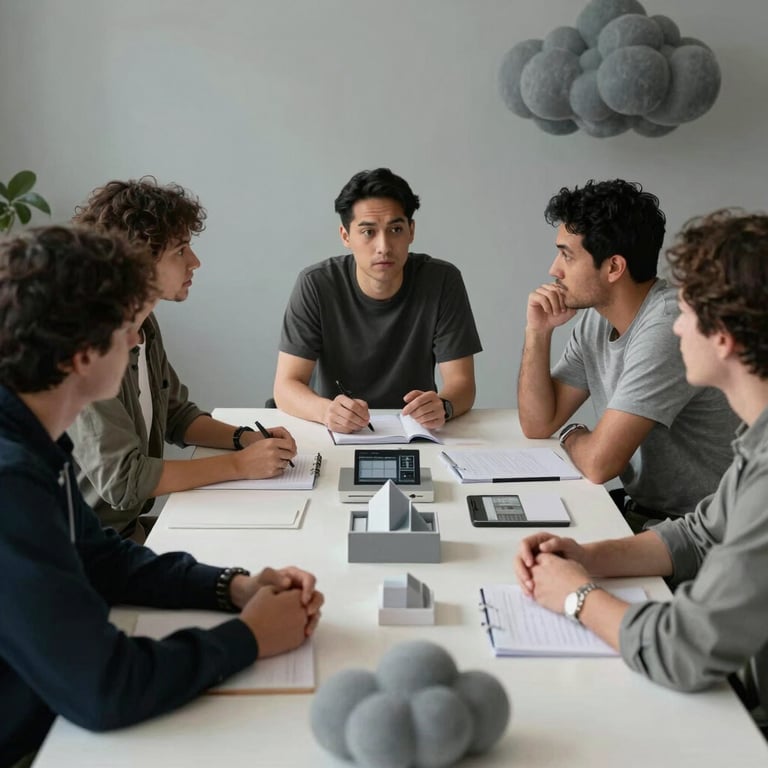 Collaborative meeting in a North American / US studio, people discussing digital architecture around a table with soft cloud gray accents.