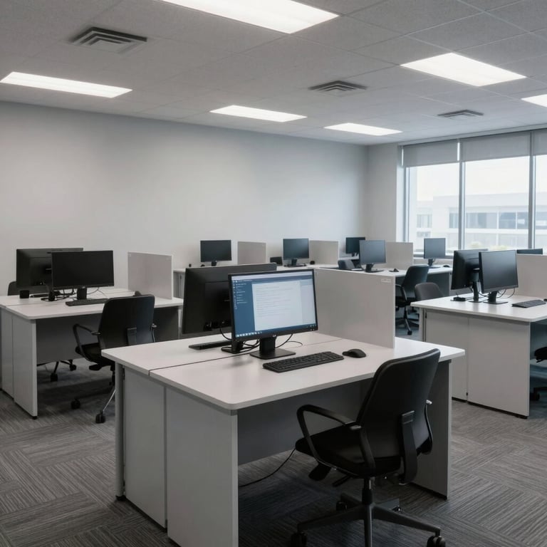 A wide shot of a tech-focused training center in North America / US, featuring clean lines and modern desks in soft cloud gray.