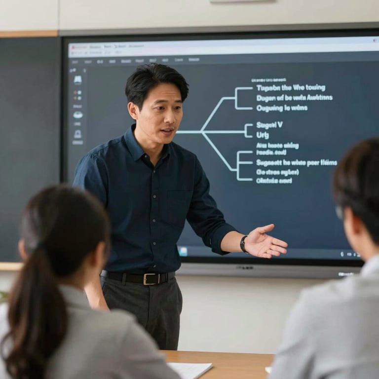 A professional mentor assisting a student in a North American / US classroom setting, focused on a project screen with dark slate tones.