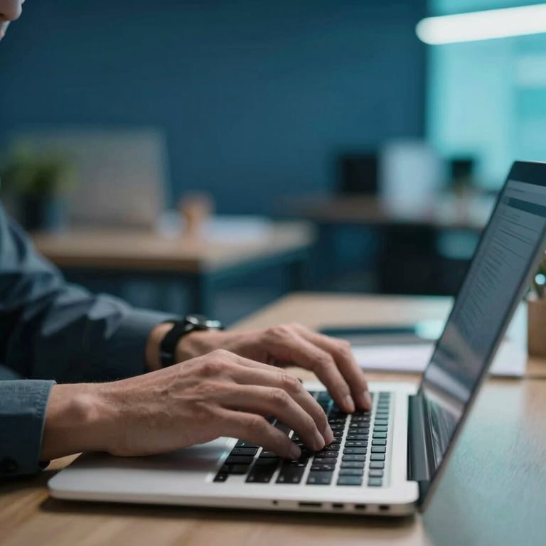 A developer's hands typing on a laptop in a North American / US office, soft-focus background with deep space blue and bright aqua teal lighting.