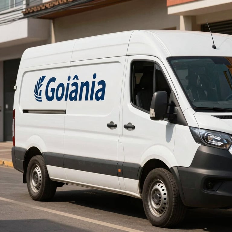 A clean white service van with dark blue branding parked on a sunny street in Goiânia.