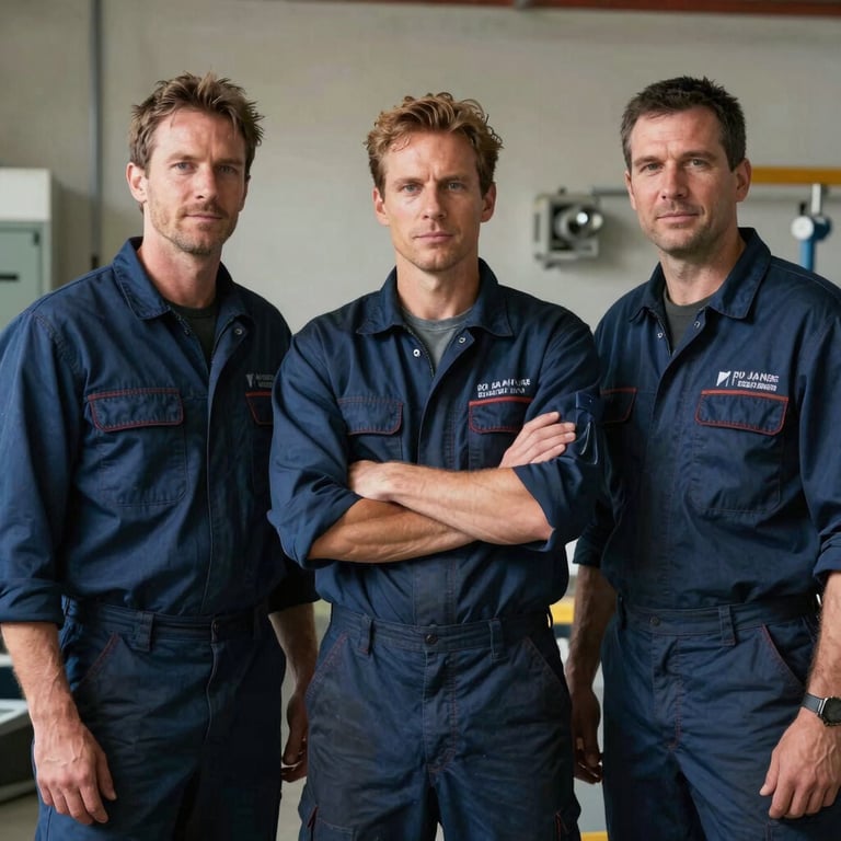 A team of three plumbing professionals standing together confidently in midnight blue uniforms.
