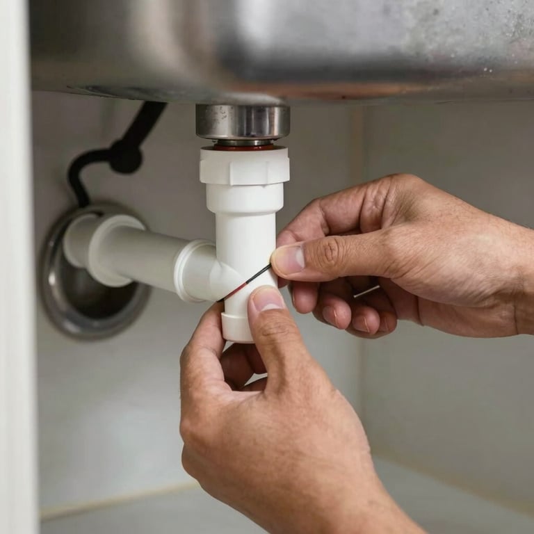 Close-up of professional hands precisely repairing a PVC pipe under a kitchen sink, clean and sharp focus.