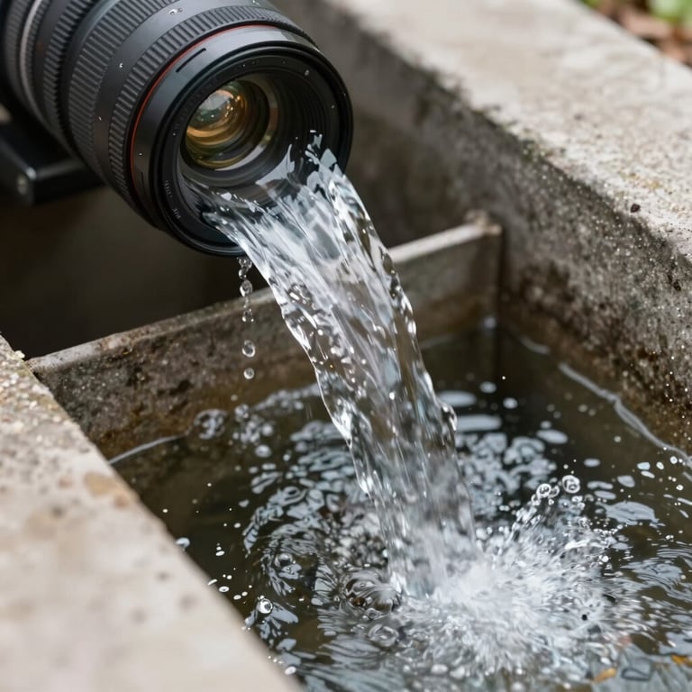Macro shot of a clean, cleared outdoor drainage system showing perfect water flow, bright daylight.