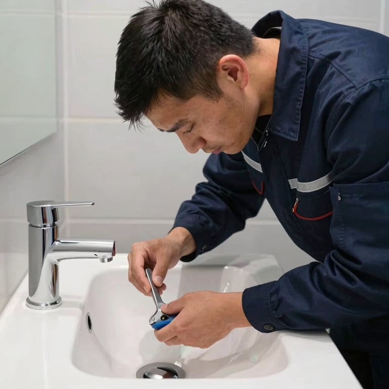 A technician in a deep midnight blue uniform unblocking a modern bathroom sink with professional tools.