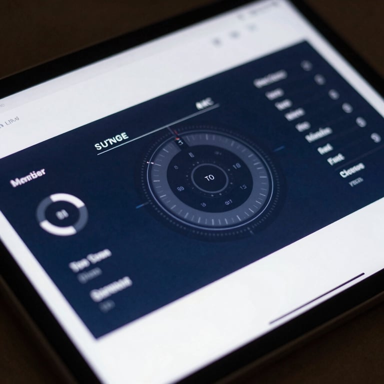 A close-up of a high-resolution tablet screen displaying a blurred, professional dashboard in navy and white tones.