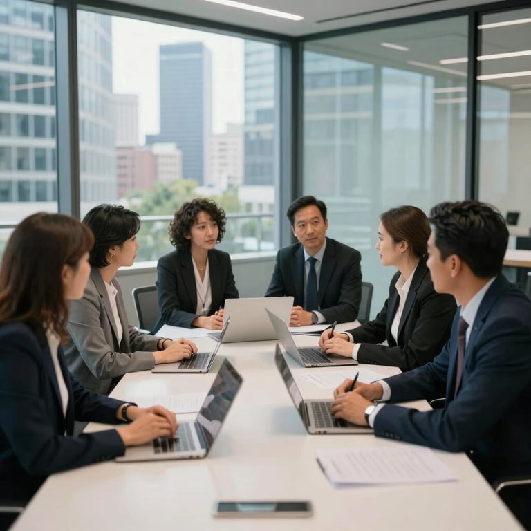 A diverse group of professionals collaborating in a bright, modern glass-walled conference room in an urban US setting.