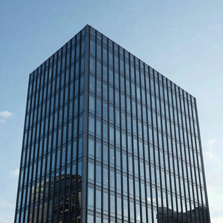 Abstract architectural shot of a modern office building with blue tinted glass under a clear sky.
