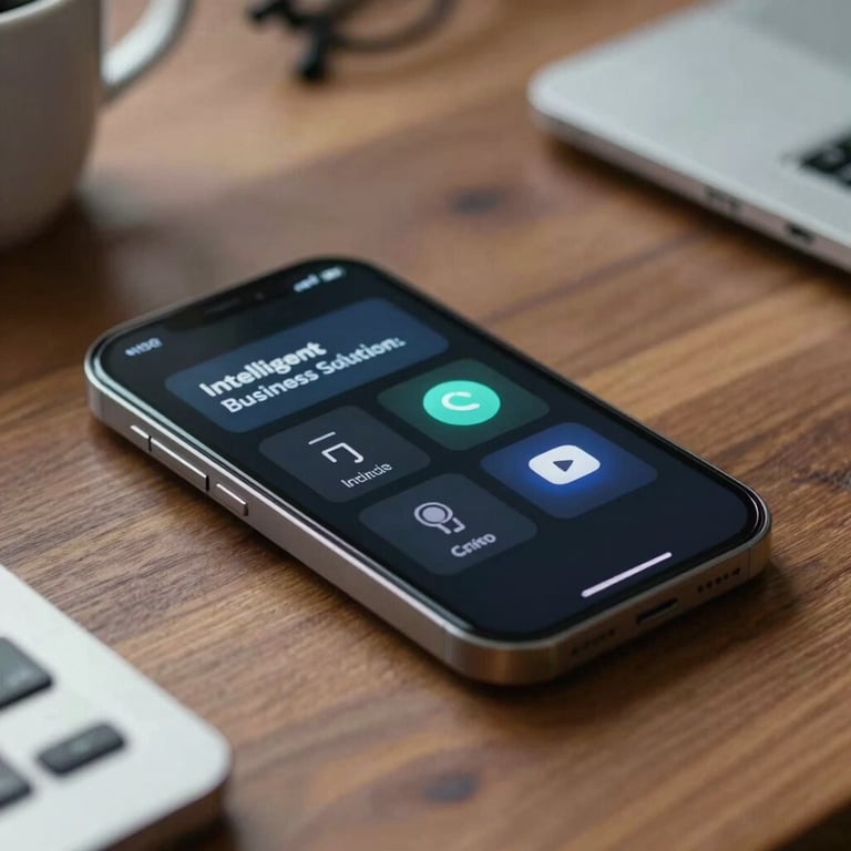 A professional setting showing a modern smart device on a wooden table, emphasizing intelligent business solutions.