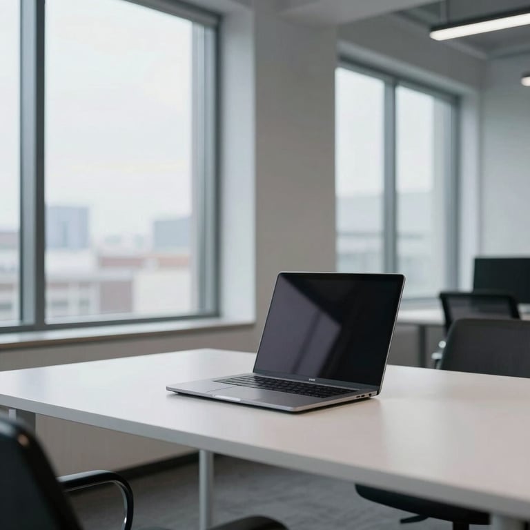 A minimalist North American office interior with large windows and a clean white desk featuring a sleek metallic laptop.