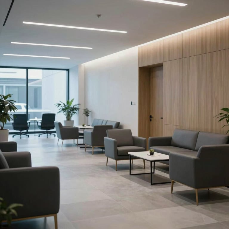 A clean, professional lobby of a tech company in North America with soft blue ambient lighting and modern furniture.