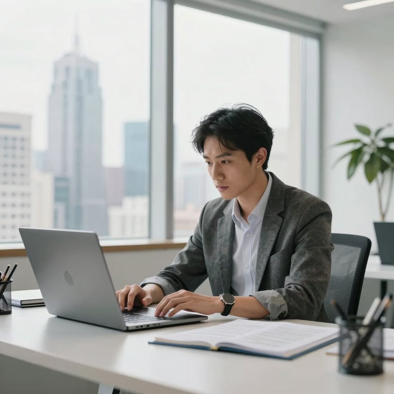 A focused professional studying in a minimalist, bright workspace with a view of a modern skyline, Global / International context, clean lighting.