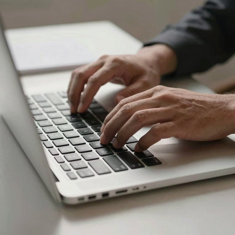 Close-up of hands typing on a premium laptop keyboard on a light gray desk, soft morning light, professional setting.
