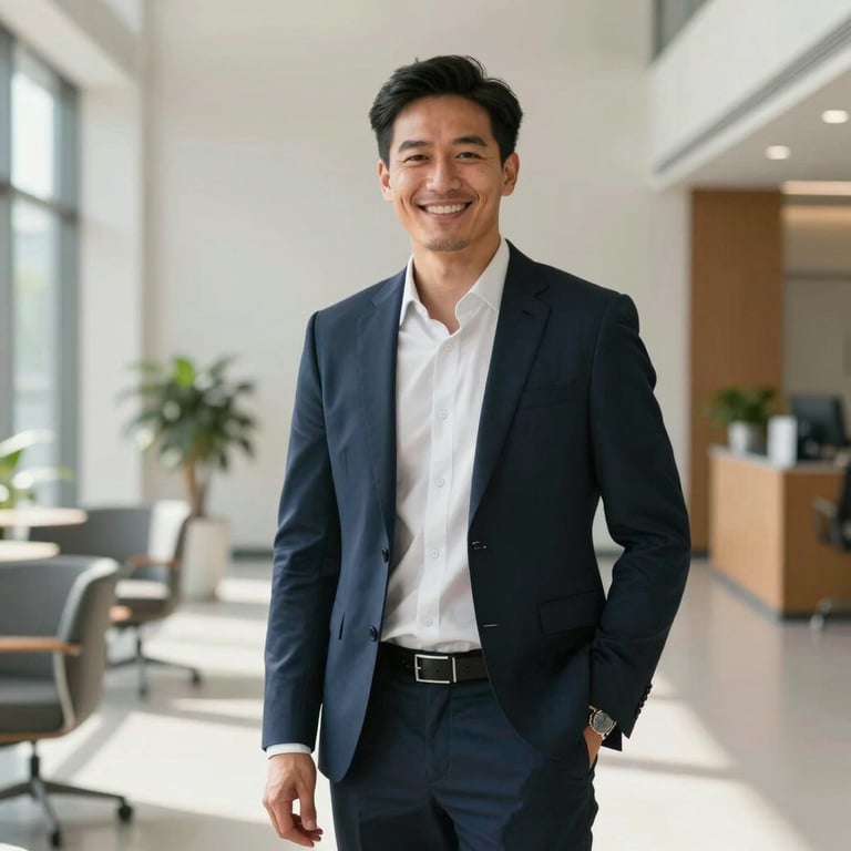 A smiling, professional individual in a smart-casual outfit standing in a clean, sunlit office lobby, Global / International style.