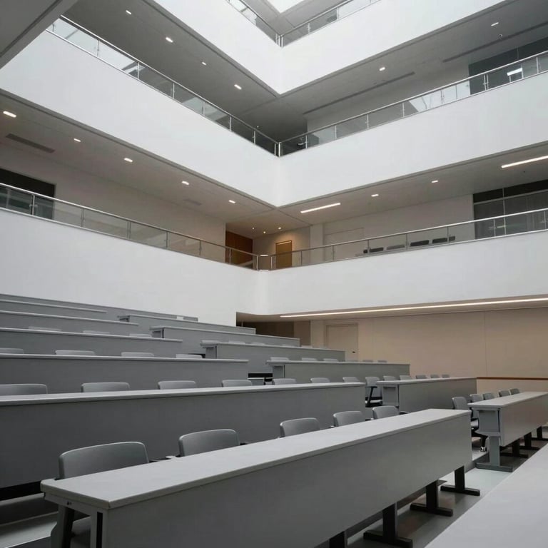 A sleek, modern university lecture hall with contemporary architecture and clean gray and white lines.