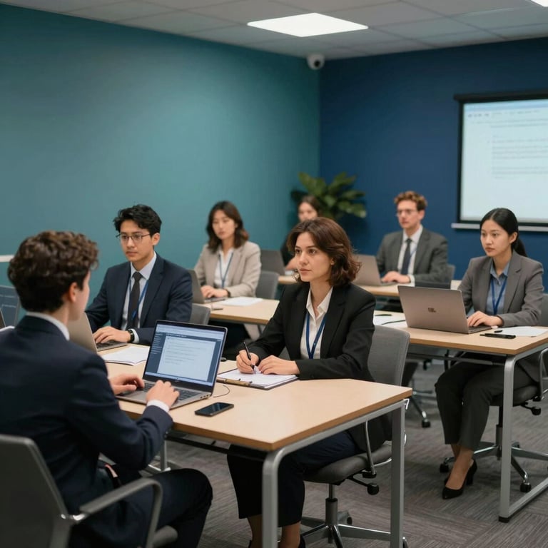 A corporate team engaged in a professional workshop, teal and deep blue interior accents, modern and premium educational environment.