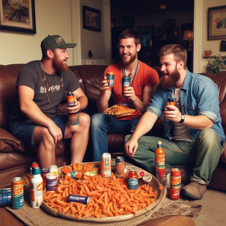 Three men enjoying snacks and canned drinks during a casual social gathering at home.