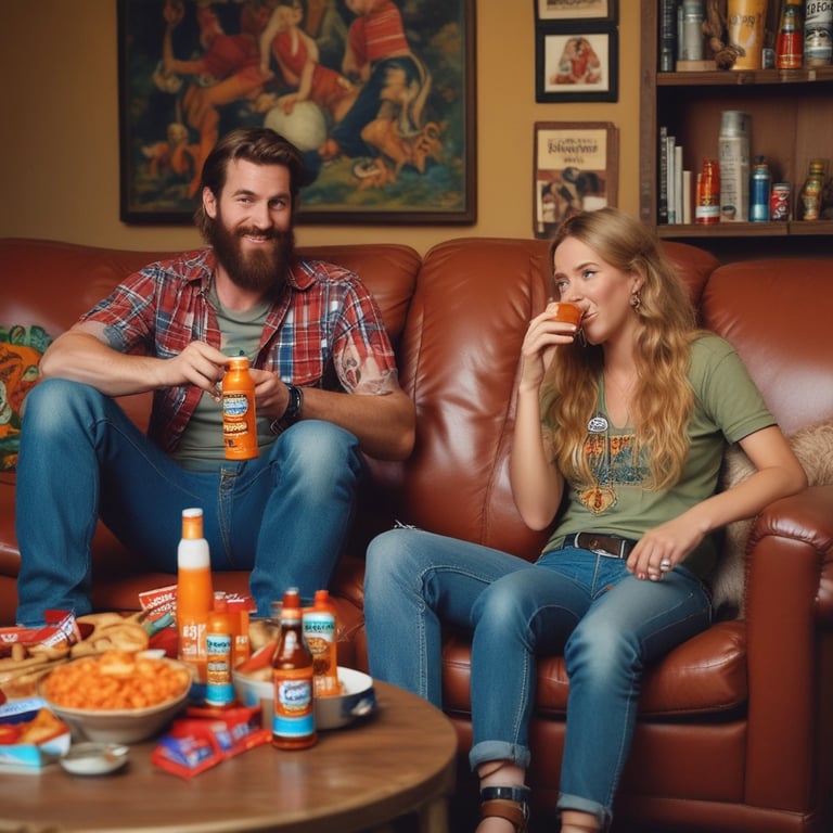 A smiling couple sits on a leather sofa enjoying orange soda and snacks in a cozy living room.