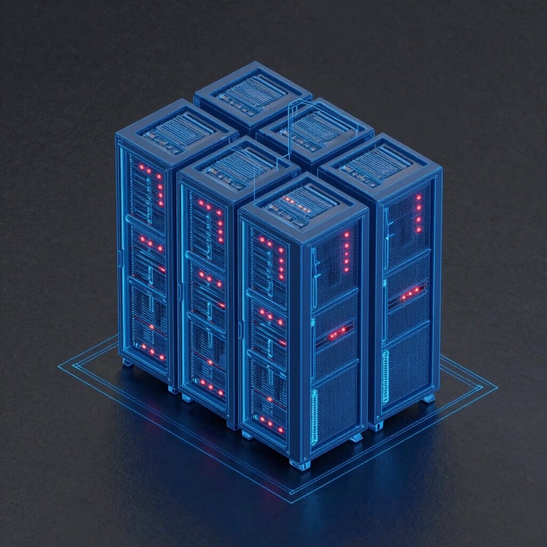 Isometric technical blueprint of a server cluster infrastructure, clean blue lines on a dark slate background, red status light indicators, vector diagram style.