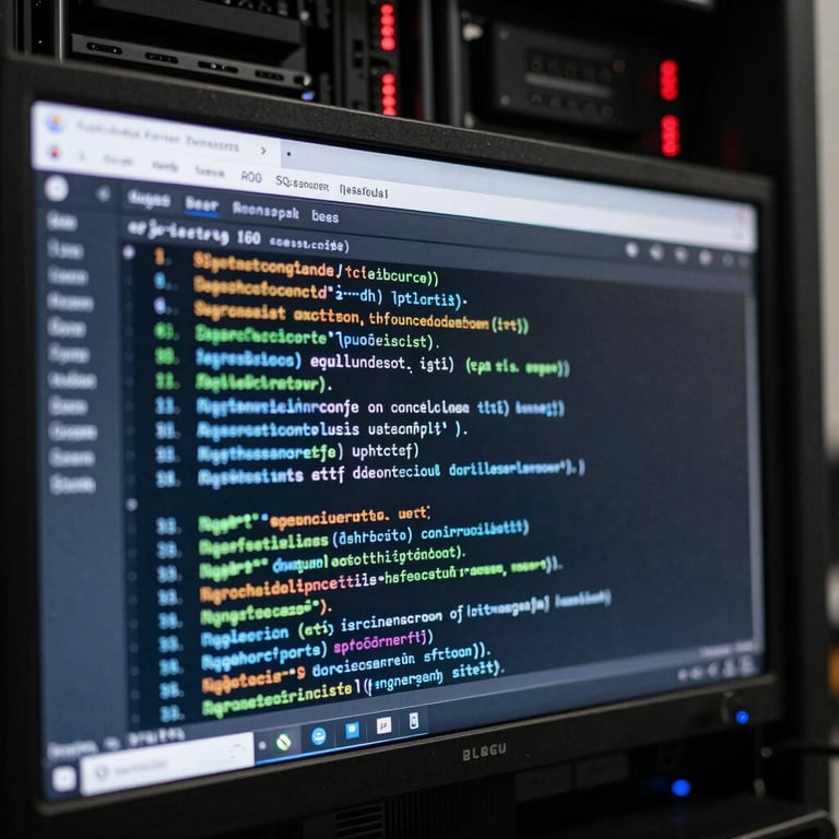 Macro shot of a clean server terminal screen displaying active SQL queries and Linux system diagnostic logs, cool high-contrast technical lighting, subtle red status light accents in the background, sharp focus.
