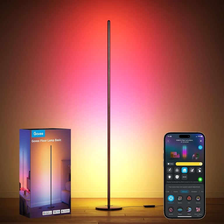 Govee smart floor lamp with RGBIC lighting, app control, and packaging box.