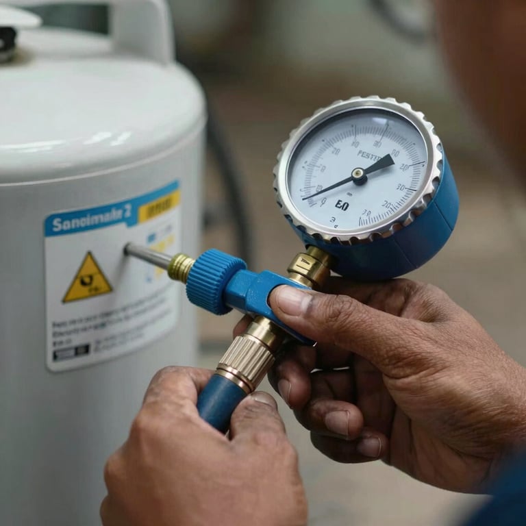 Macro shot of a technician’s hand using a pressure gauge for AC gas filling, South Asian setting, blue and silver professional tools.