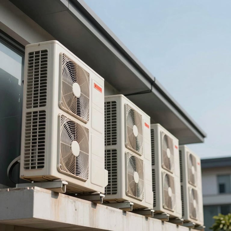 A row of neatly serviced outdoor AC units on a modern building balcony under a clear sky.