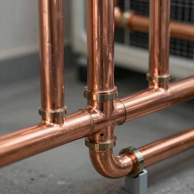 Close-up of a new, clean copper pipe installation for an air conditioning system, showing high-quality workmanship.
