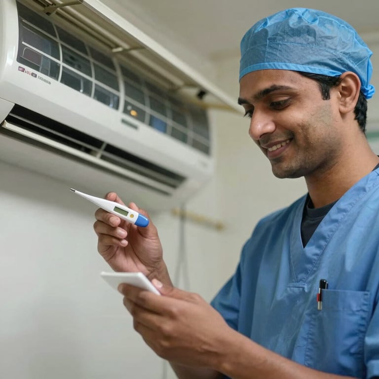 Professional South Asian technician in a blue cap smiling confidently while holding a digital thermometer near an AC vent.
