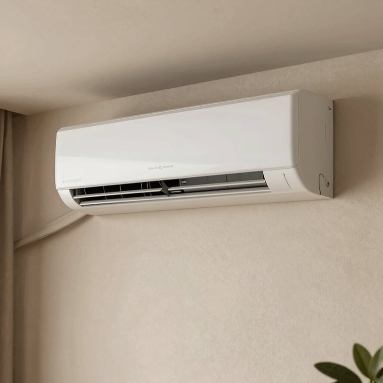 A perfectly installed indoor split AC unit on a textured beige wall in a stylish Noida apartment.
