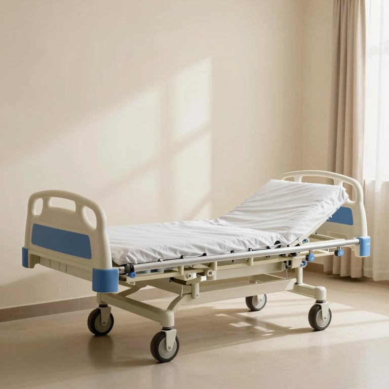A premium electric hospital bed with adjustable features, shot in a clean, sunlit South Asian / Indian private ward with pale ivory cream walls.