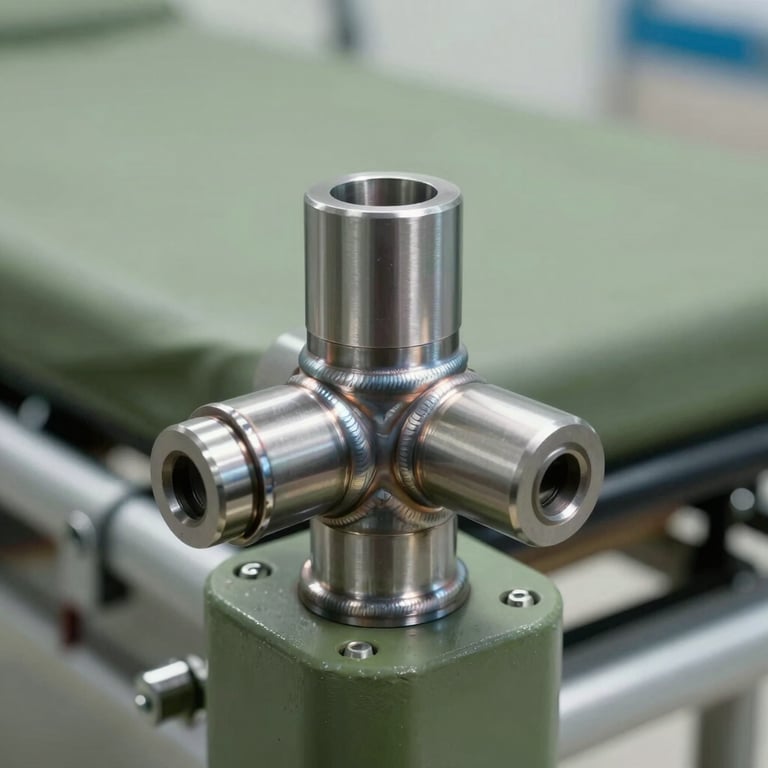 A macro shot of a precision-welded stainless steel joint on a hospital stretcher, highlighting the manufacturing quality and muted olive green details.