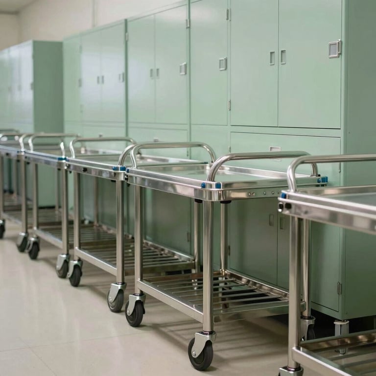 A row of meticulously manufactured stainless steel medical trolleys and cabinets in a modern warehouse, reflecting soft sage green accent lighting.