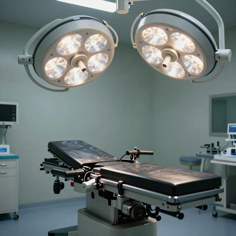 An advanced hydraulic OT table positioned under bright surgical lamps, featuring a sleek, ergonomic design in a South Asian / Indian medical center.