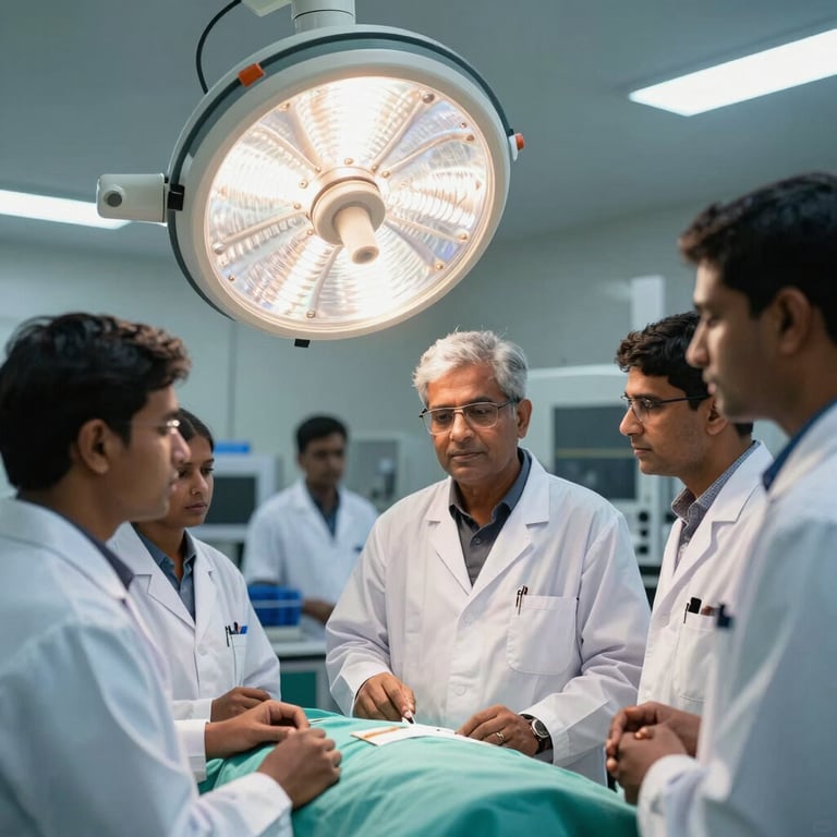 A group of South Asian / Indian quality control inspectors examining a finished surgical light assembly in a high-tech manufacturing lab.