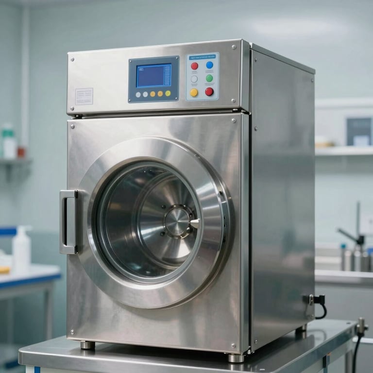A heavy-duty industrial steam sterilizer autoclave with a digital control panel, made of polished stainless steel, in a professional medical setting.